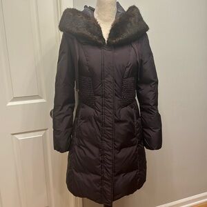 Tahari Womens Burgundy Long Sleeve Full Zip Hooded Puffer Coat Size Small